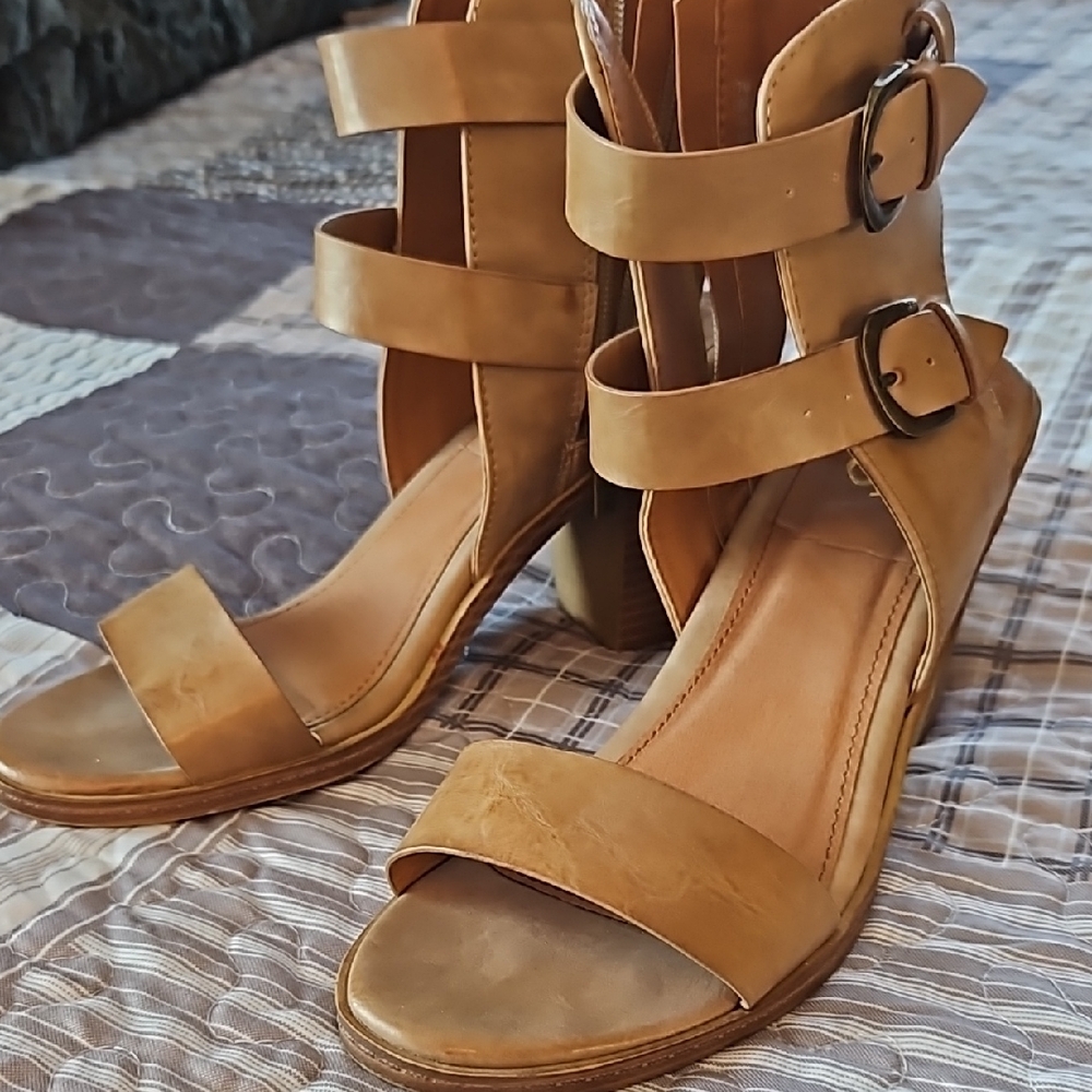 Tan Chunky Heel Sandals with Wide Straps and Open Toe